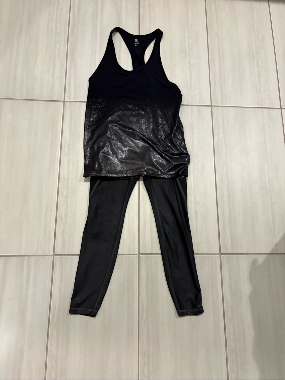 GAP Black Shiny Racerback Tank with Black Leggings. Top is S pants Xs.